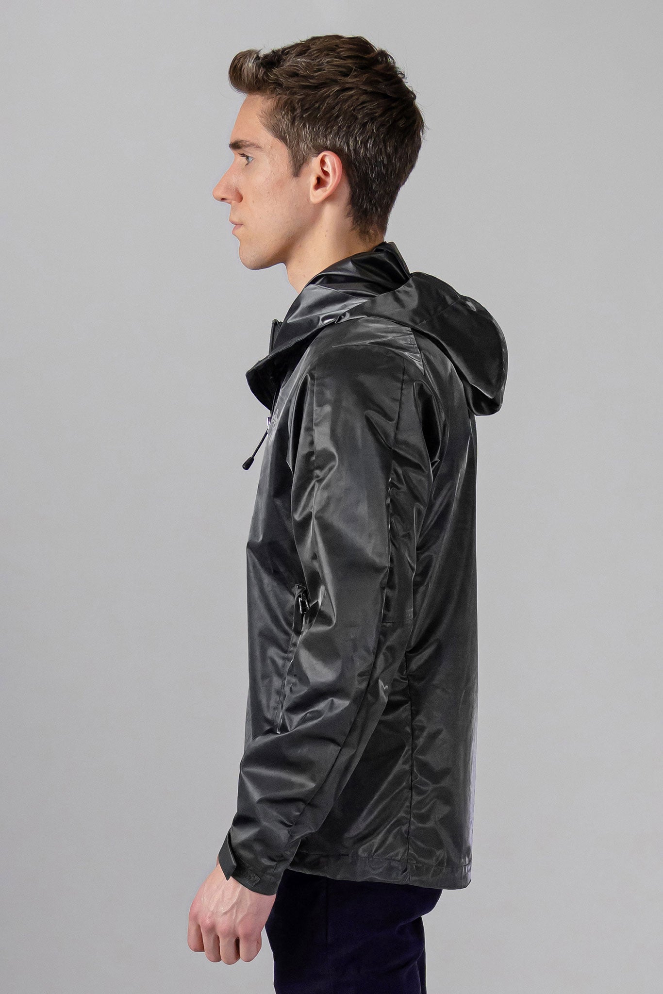 Woodpecker Men's Wind Shell coat. High-end Canadian designer activewear coat for men in "Black Diamond" colour. Woodpecker coat designed in Canada. Moose Knuckles, Canada Goose, Mackage, Montcler, Will Poho, Willbird, Nic Bayley