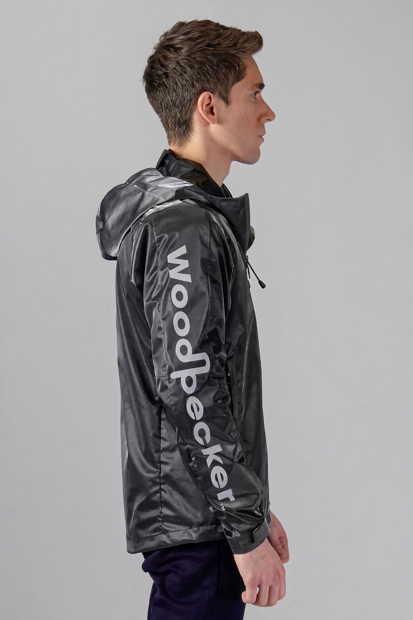 Woodpecker Men's Wind Shell coat. High-end Canadian designer activewear coat for men in "Black Diamond" colour. Woodpecker coat designed in Canada. Moose Knuckles, Canada Goose, Mackage, Montcler, Will Poho, Willbird, Nic Bayley