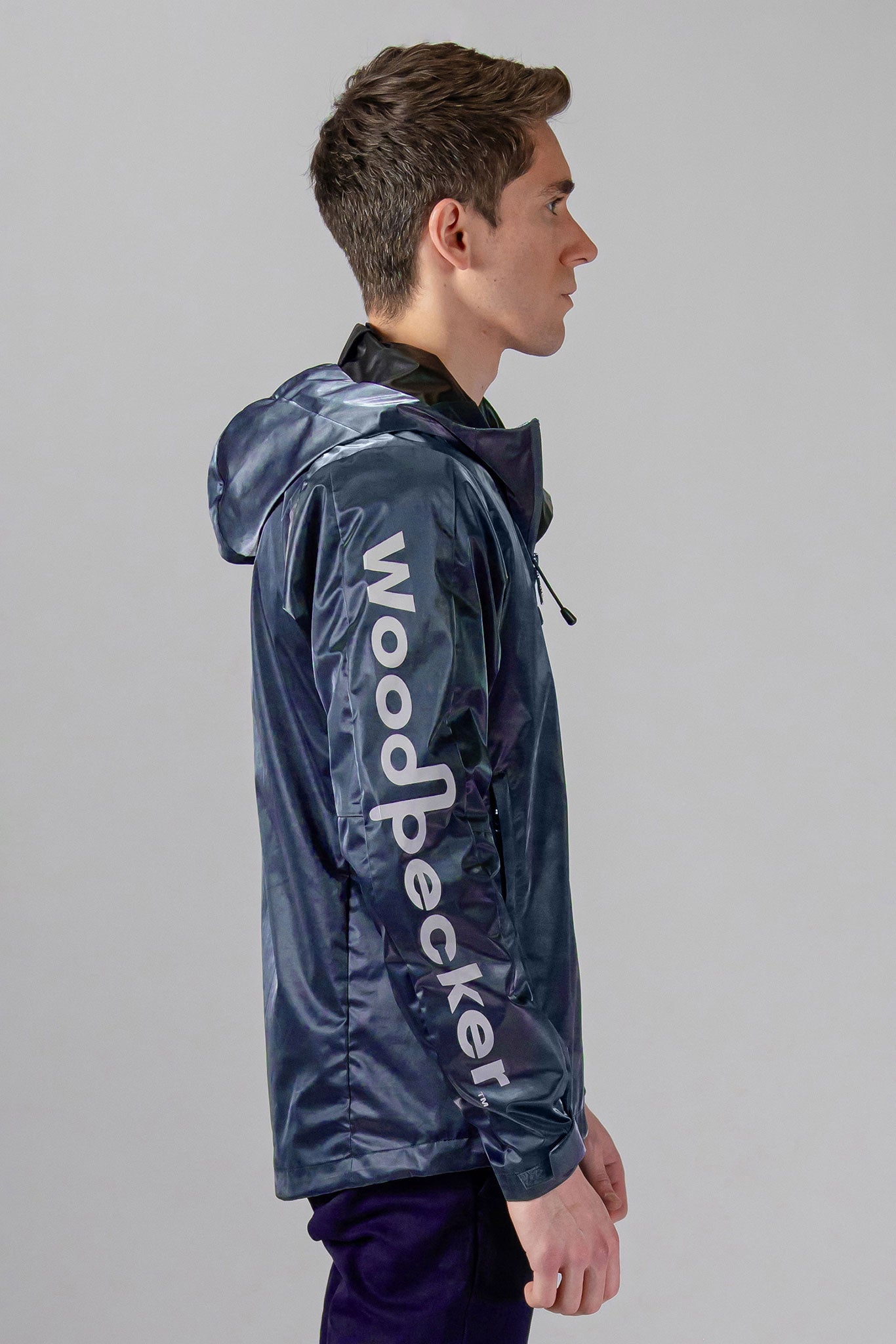 Woodpecker Men's Wind Shell coat. High-end Canadian designer activewear coat for men in "Blue Diamond" colour. Woodpecker coat designed in Canada. Moose Knuckles, Canada Goose, Mackage, Montcler, Will Poho, Willbird, Nic Bayley