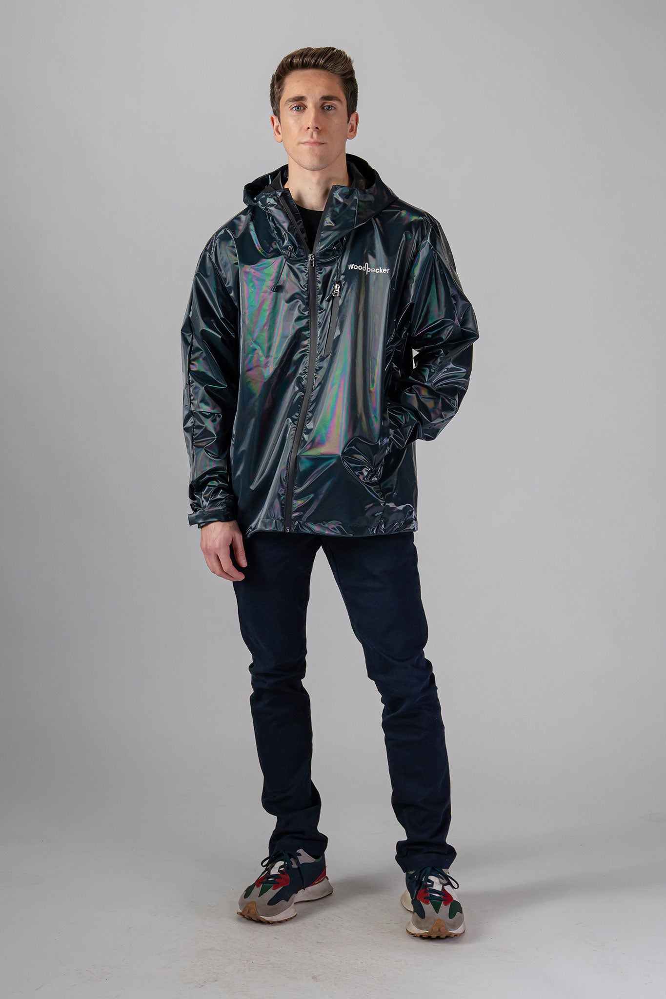Woodpecker Men's Wind Shell coat. High-end Canadian designer activewear coat for men in "Raven Black" colour. Woodpecker coat designed in Canada. Moose Knuckles, Canada Goose, Mackage, Montcler, Will Poho, Willbird, Nic Bayley