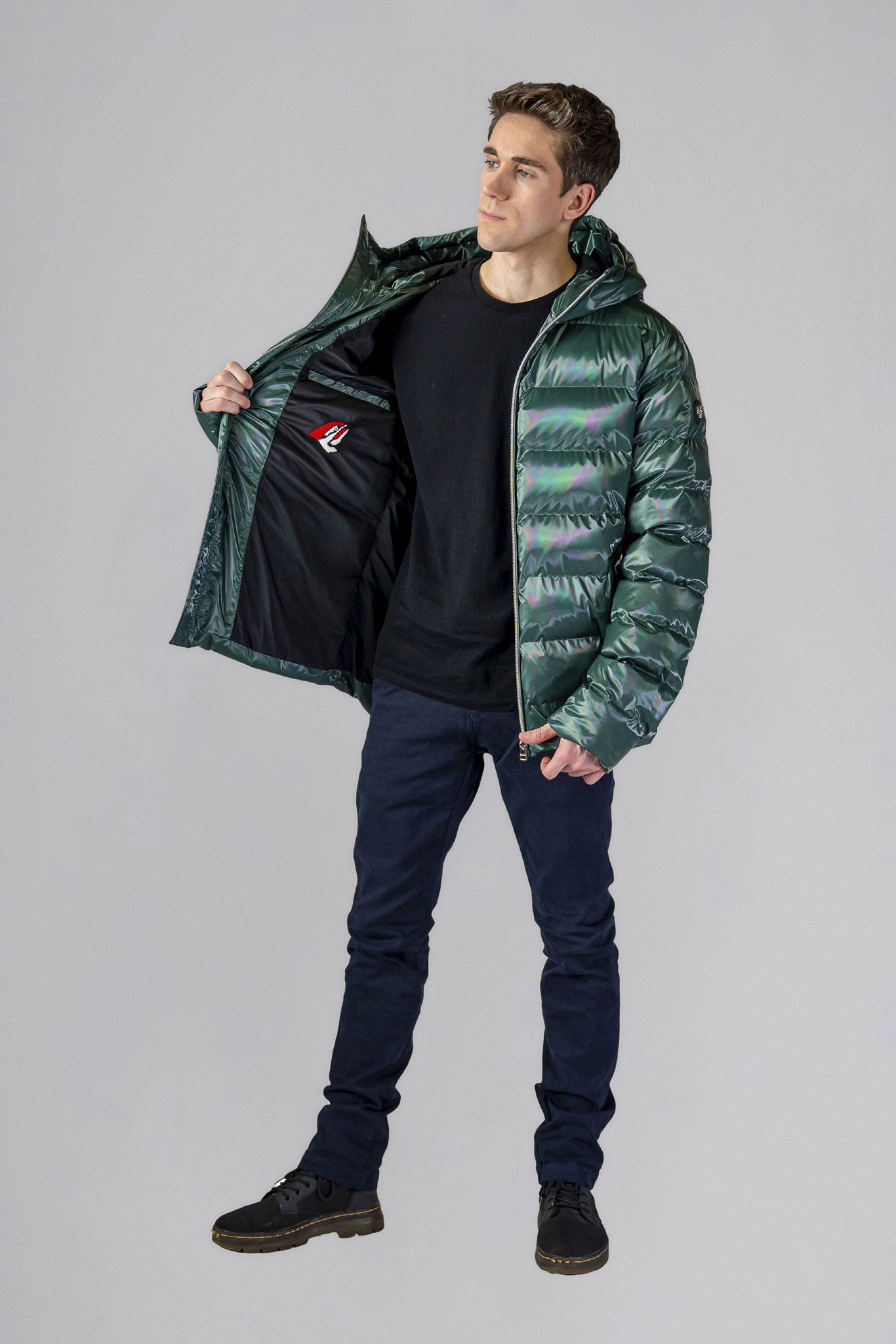 Woodpecker Men's Sparrow Winter coat. High-end Canadian designer winter coat for men in "Avocado" colour. Woodpecker cruelty-free winter coat designed in Canada. Men's medium weight medium length premium designer jacket for winter. Superior quality warm winter coat for men. Moose Knuckles, Canada Goose, Mackage, Montcler, Will Poho, Willbird, Nic Bayley. Shiny parka. Stylish winter jacket. Designer winter coat.