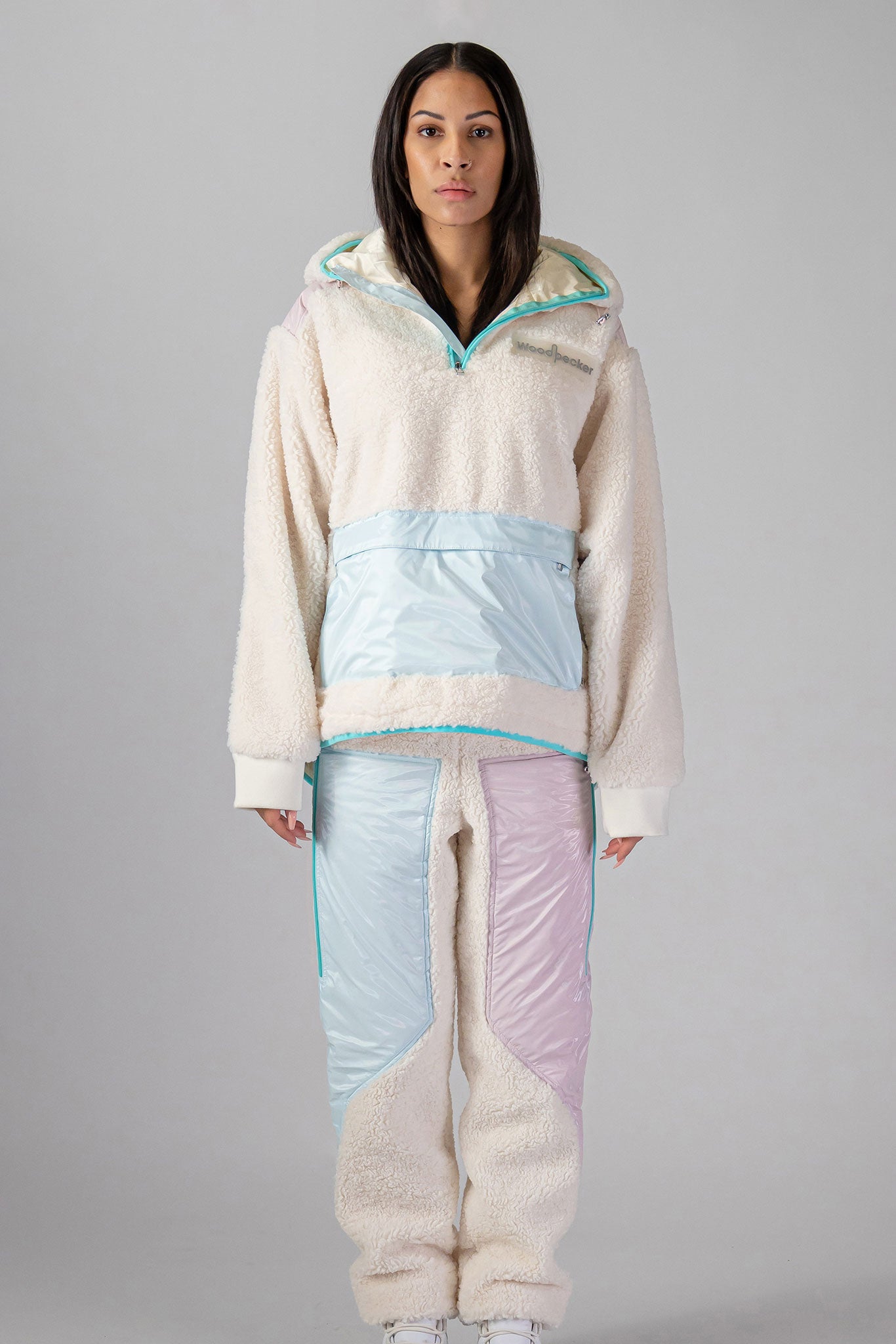 Woodpecker Unisex Fleece Hoodie. High-end Canadian designer winter fleece in "Cream" colour. Woodpecker fleece designed in Canada. Warm premium designer fleece for winter. Superior quality warm fleece hoodie. Moose Knuckles, Canada Goose, Mackage, Montcler, Will Poho, Willbird, Nic Bayley. Cozy for at-home wear.