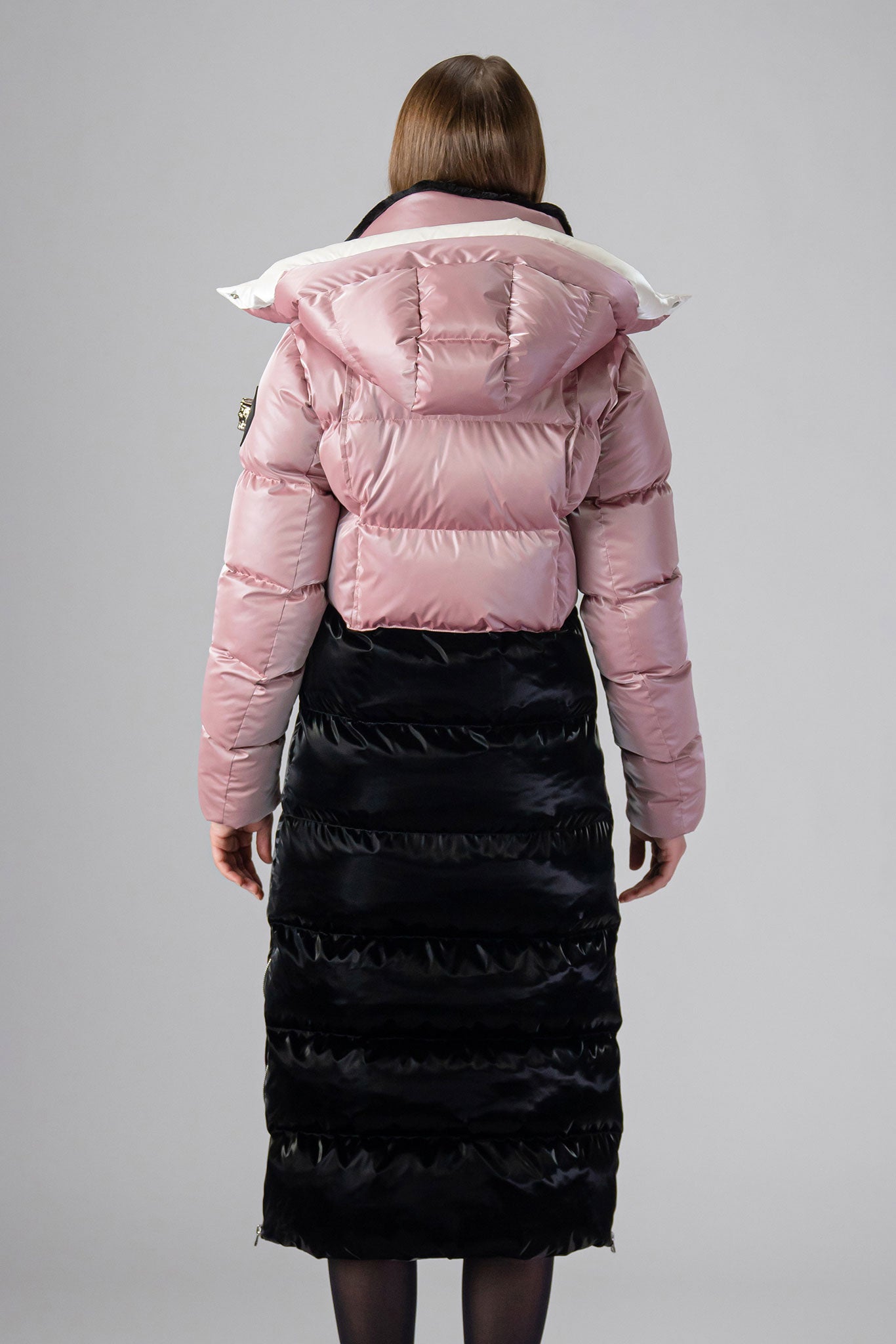Woodpecker Women's Extra Long Bird of Paradise Winter coat. High-end Canadian designer winter coat for women in “Arctic Rose and Black" colour. Woodpecker cruelty-free winter coat designed in Canada. Women's heavy weight extra long length premium designer jacket for winter. Superior quality warm winter coat for women. Moose Knuckles, Canada Goose, Mackage, Montcler, Will Poho, Willbird, Nic Bayley. Extra warm. Shiny parka. Stylish winter jacket. Designer winter coat.