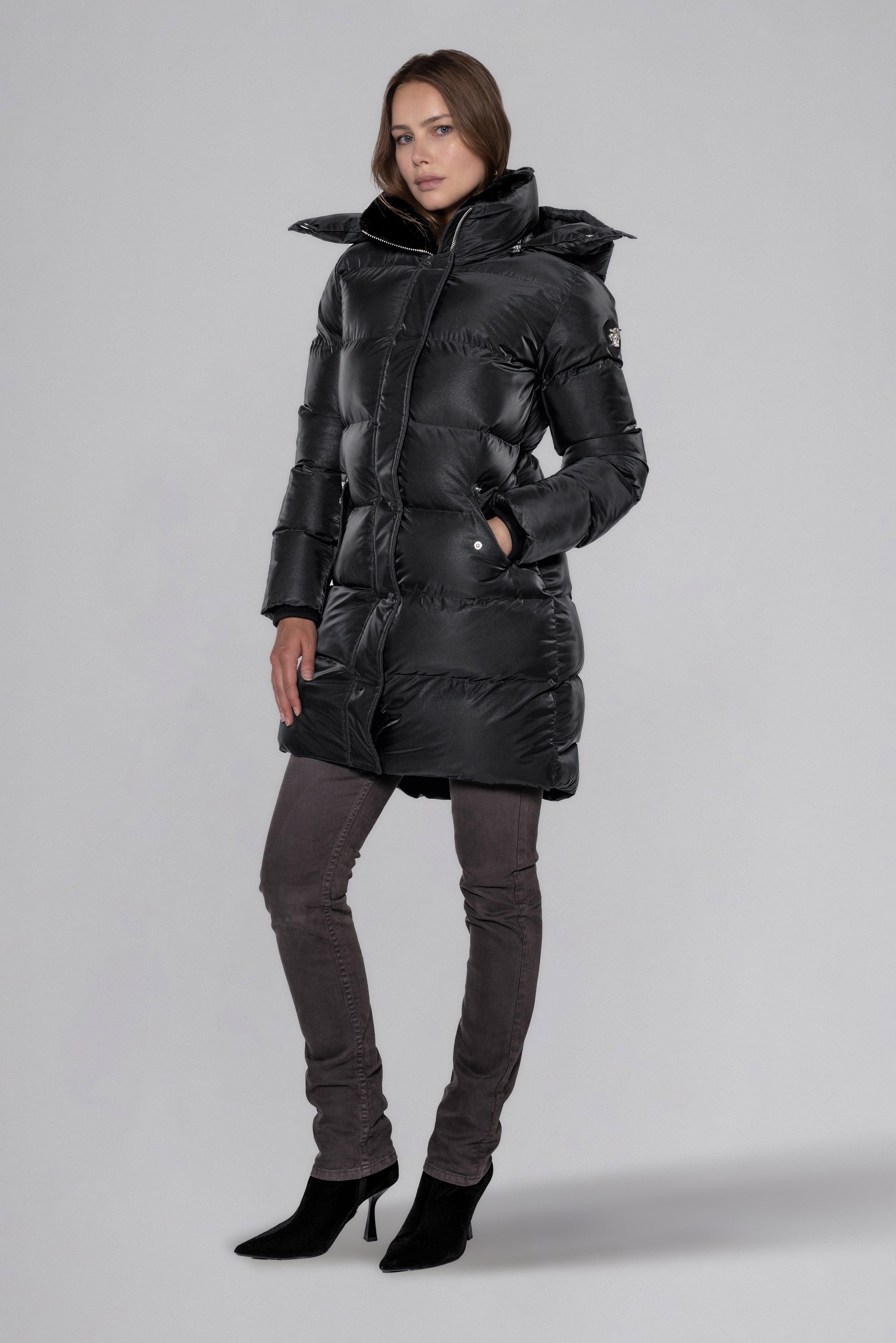 Woodpecker Women's Penguin Long Winter coat. High-end Canadian designer winter coat for women in "Black Diamond" colour. Woodpecker cruelty-free winter coat designed in Canada. Women's heavy weight long length premium designer jacket for winter. Superior quality warm winter coat for women. Moose Knuckles, Canada Goose, Mackage, Montcler, Will Poho, Willbird, Nic Bayley