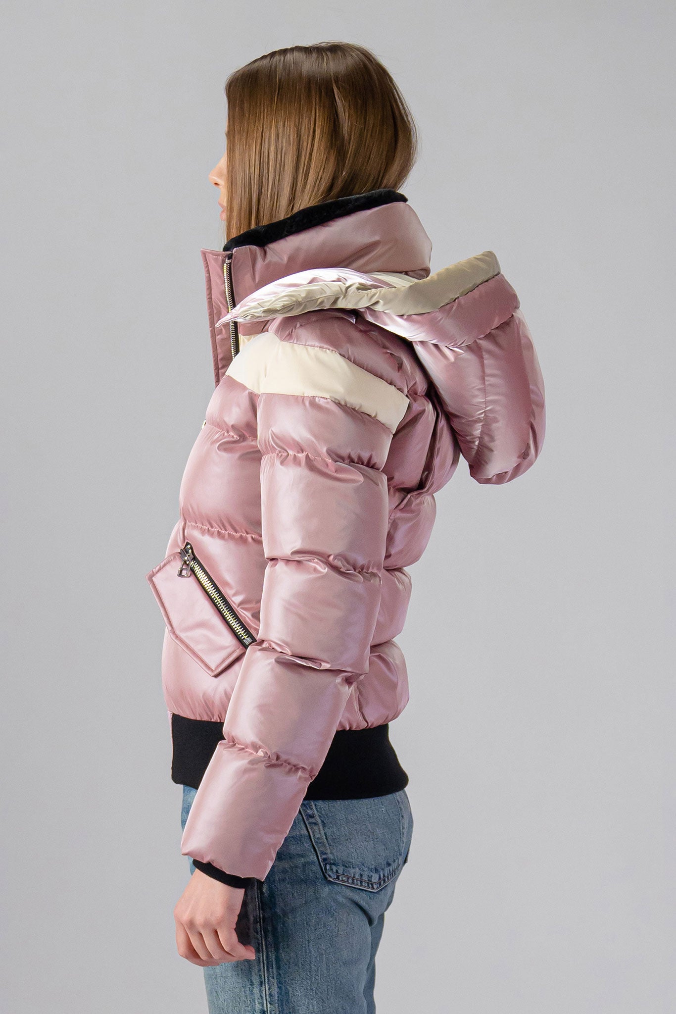 Woodpecker Women's Woody Bomber Winter coat. High-end Canadian designer winter coat for women in “Arctic Rose" colour. Woodpecker cruelty-free winter coat designed in Canada. Women's heavy weight short length premium designer jacket for winter. Superior quality warm winter coat for women. Moose Knuckles, Canada Goose, Mackage, Montcler, Will Poho, Willbird, Nic Bayley. Shiny parka. Stylish winter jacket. Designer winter coat.