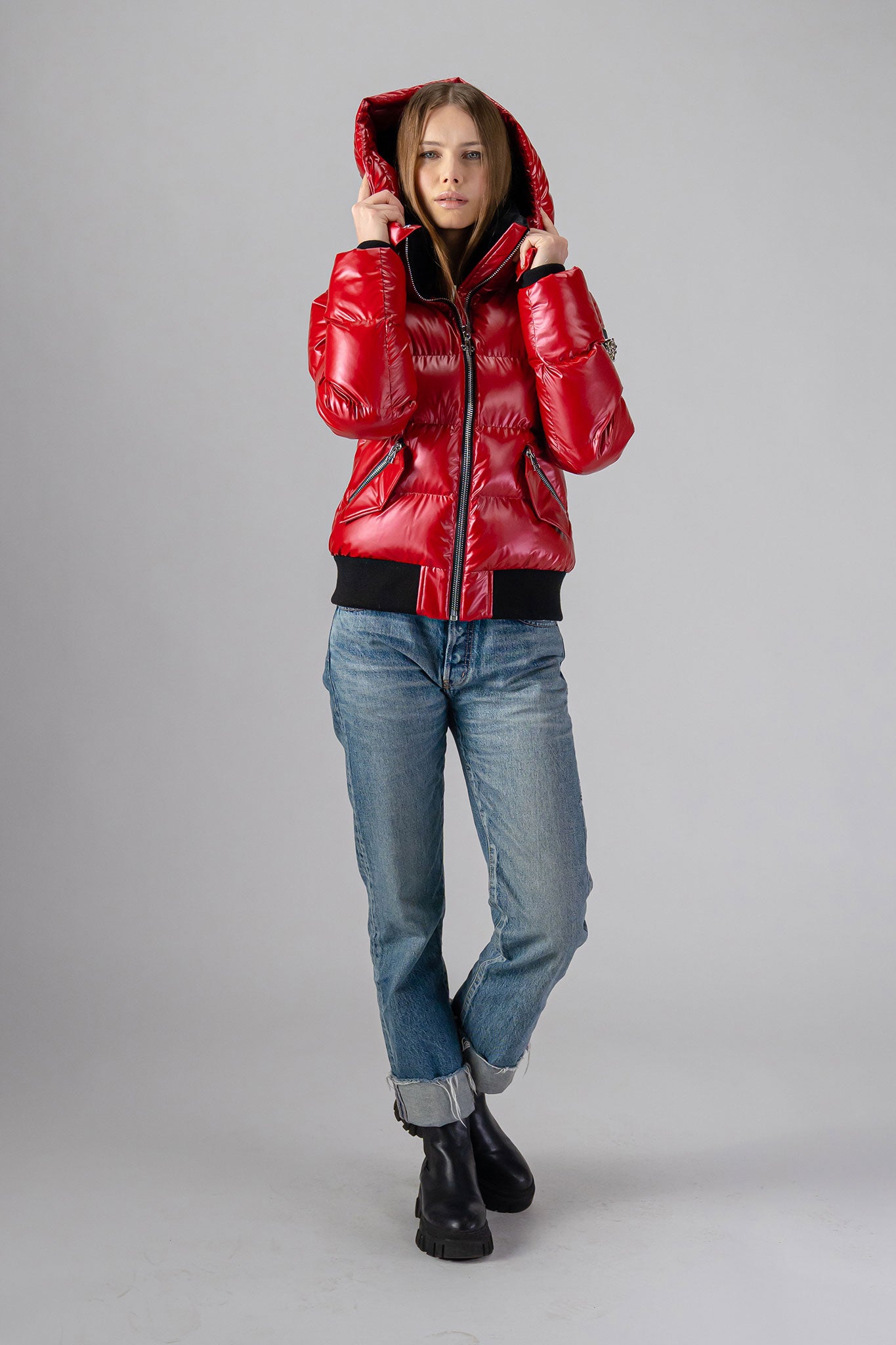 Woodpecker Women's Woody Bomber Winter coat. High-end Canadian designer winter coat for women in "Raspberry" colour. Woodpecker cruelty-free winter coat designed in Canada. Women's heavy weight short length premium designer jacket for winter. Superior quality warm winter coat for women. Moose Knuckles, Canada Goose, Mackage, Montcler, Will Poho, Willbird, Nic Bayley. Shiny parka. Stylish winter jacket. Designer winter coat.
