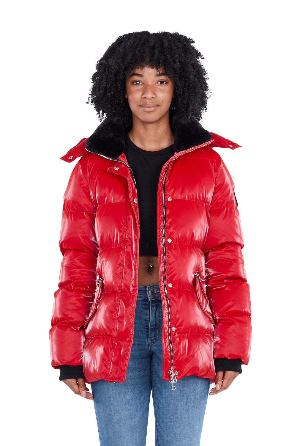 Woodpecker Women's Bumnester Winter coat. High-end Canadian designer winter coat for women in shiny "All Wet Red" colour. Woodpecker cruelty-free winter coat designed in Canada. Women's heavy weight medium length premium designer jacket for winter. Superior quality warm winter coat for women. Moose Knuckles, Canada Goose, Mackage, Montcler, Will Poho, Willbird, Nic Bayley. Extra warm. Shiny parka. Stylish winter jacket. Designer winter coat.